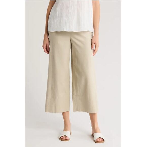 Vince Linen Blend Wide Leg Flat Front Crop Pant Cream Side Zip Women's Size 10 - Picture 1 of 5